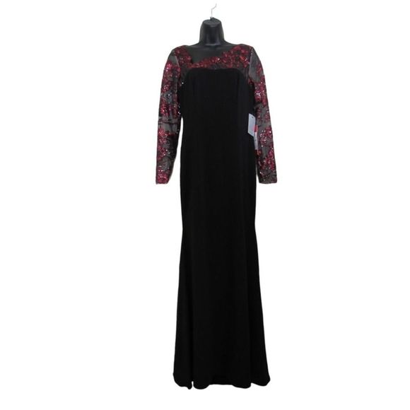 CARMEN MARC VALVO INFUSION Crepe Long Gown Black burgundy 6 - Picture 4 of 11